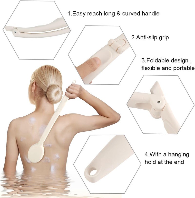 LFJ 19" Long Handle Shower Sponge Brush Set, 3 in 1 Body Brush, Bath Sponge and Lotion Applicator Improved Skin Health, Suitable for Men and Women (White Brush with pumice-1P) - Image 3